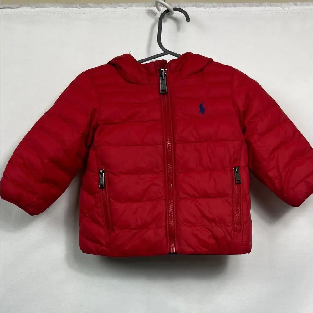 Ralph Lauren Vibrant Red Puffer Jacket with reversible blue EUC 9 months